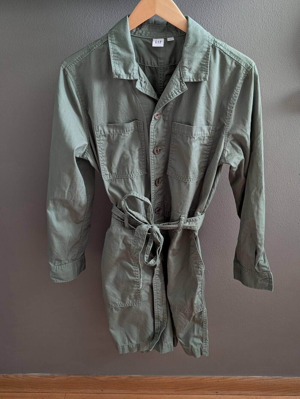 GAP Olive Green Utility Romper Jumpsuit Long Sleeve Tie Waist 100% Cotton Size 8